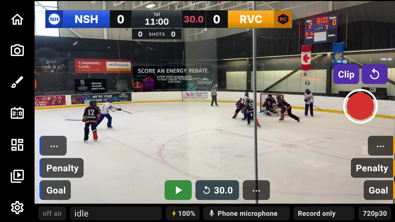The CheerCam camera screen over a ringette game, with the scoreboard at the top